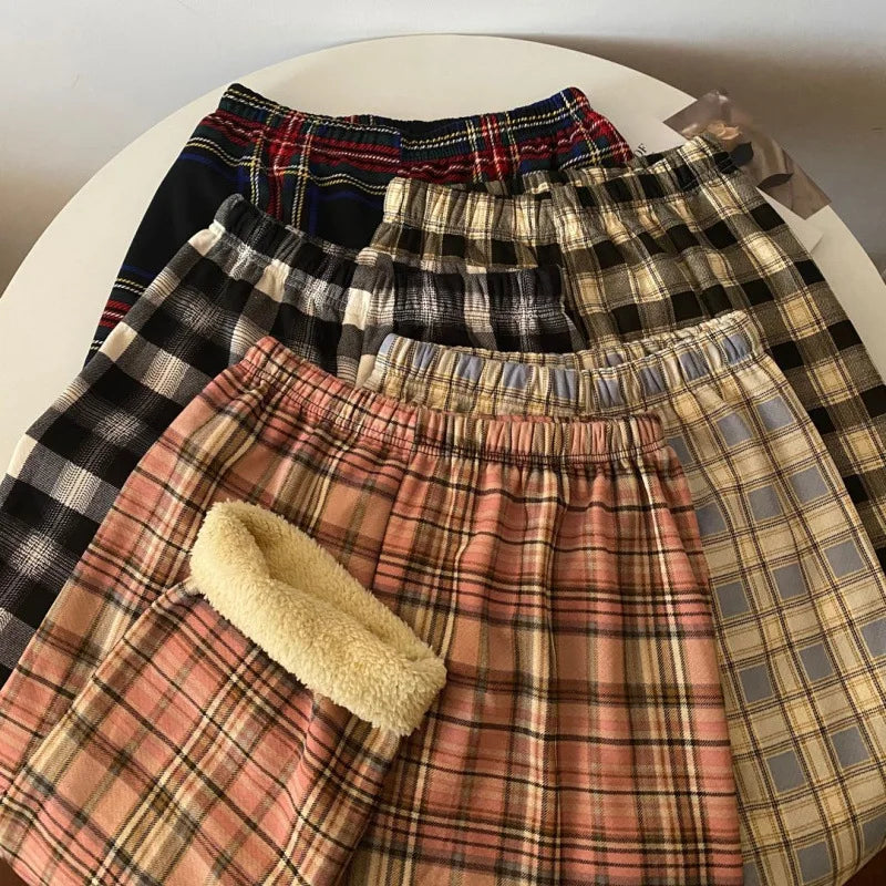 High Waist Straight Leg Pants Women's Autumn Winter Thickened Fleece Lamb Velvet Plaid Pants Loose Wide Leg Casual Trousers