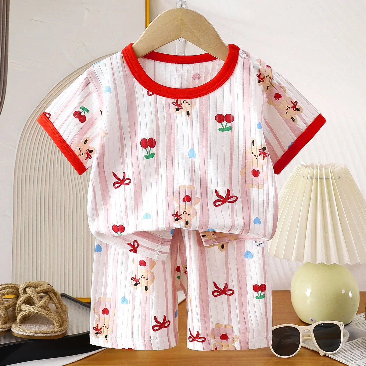 Kids Summer Pure Cotton Clothing Sets Boys Girls Cute Cartoon Short Sleeve T-Shirt Tops with Shorts Toddler Baby Casual Pajamas