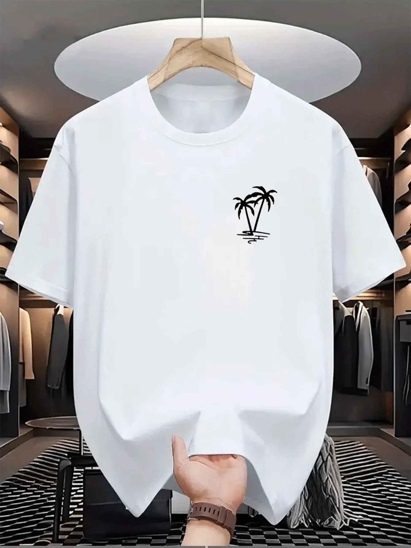 Men's summer  cotton fashionable casual loose coconut tree pattern printed sports round neck short sleeved T-shirt top