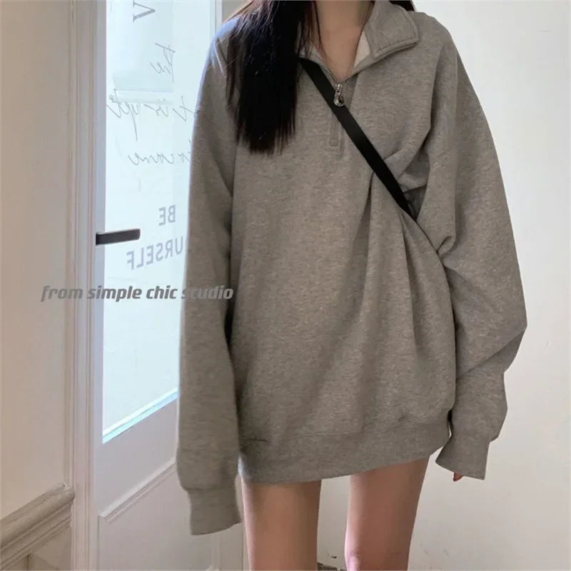 Gray Sweatshirt Women's Loose Polo Collar Lazy Style Autumn Winter New Arrival Missing Bottom Outerwear Long Length Female