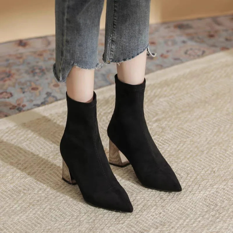 Womens Sexy Boots Suede Women'S Thick Heels And Pointed Black High Heels Versatile And Elegant Boots Zapatos De Mujer Ofertas