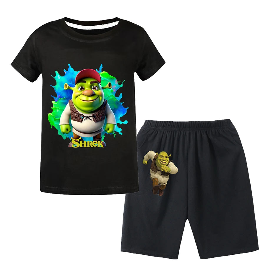 Shrek Child Tracksuit Blouse Short Sleeve Family Matching Clothes Sets for Baby Set for Children From 6 To 12 Years Old Summer