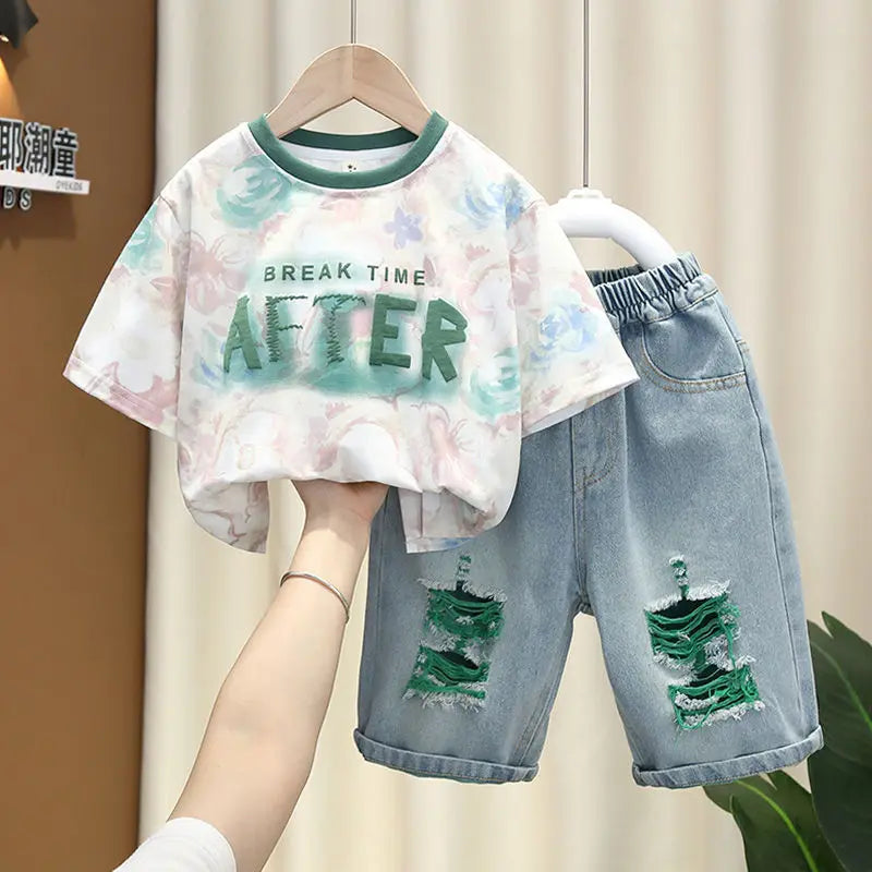 Korean Baby Boys Summer Sets Children's Clothing Short-Sleeved Letter T-Shirt & Denim Shorts Kids Boys Outfits Clothes 2-11Y