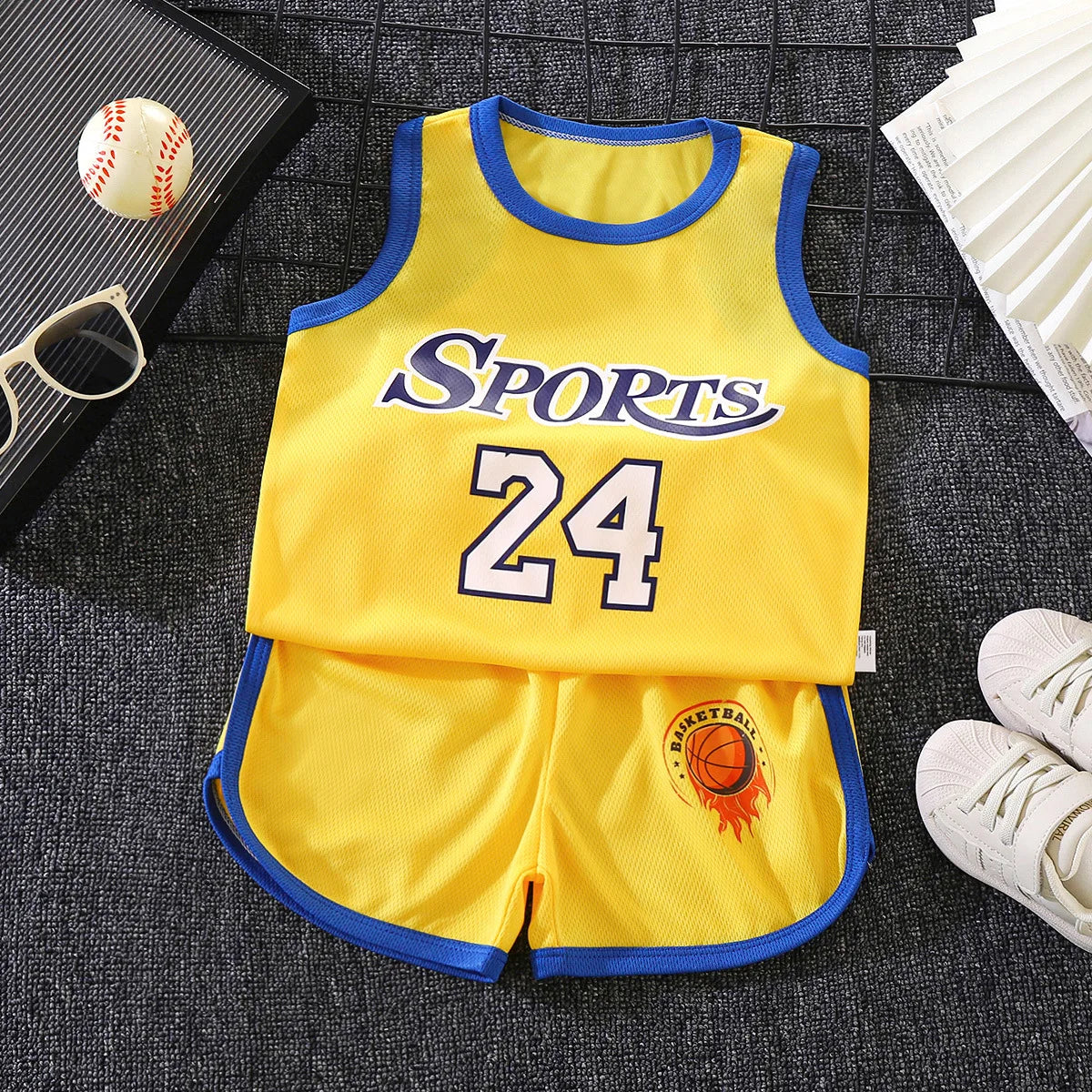 Kids Sports Set for Boys and Girls Baby Basketball Jersey Summer Mesh Tank Top Shorts Quick Dry Set Summer Sportswear