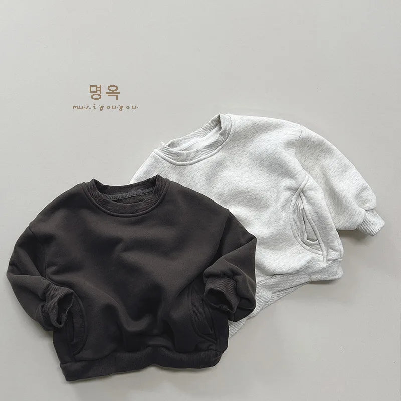 2025 Winter New Baby Long Sleeve Fleece Sweatshirt Infant Boy Girl Solid Warm Pullover Plus Velvet Thick Toddler Casual Clothes