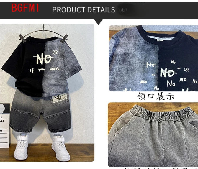 Korean Baby Boys Summer Sets Children's Clothing Short-Sleeved Letter T-Shirt & Denim Shorts Kids Boys Outfits Clothes 2-11Y