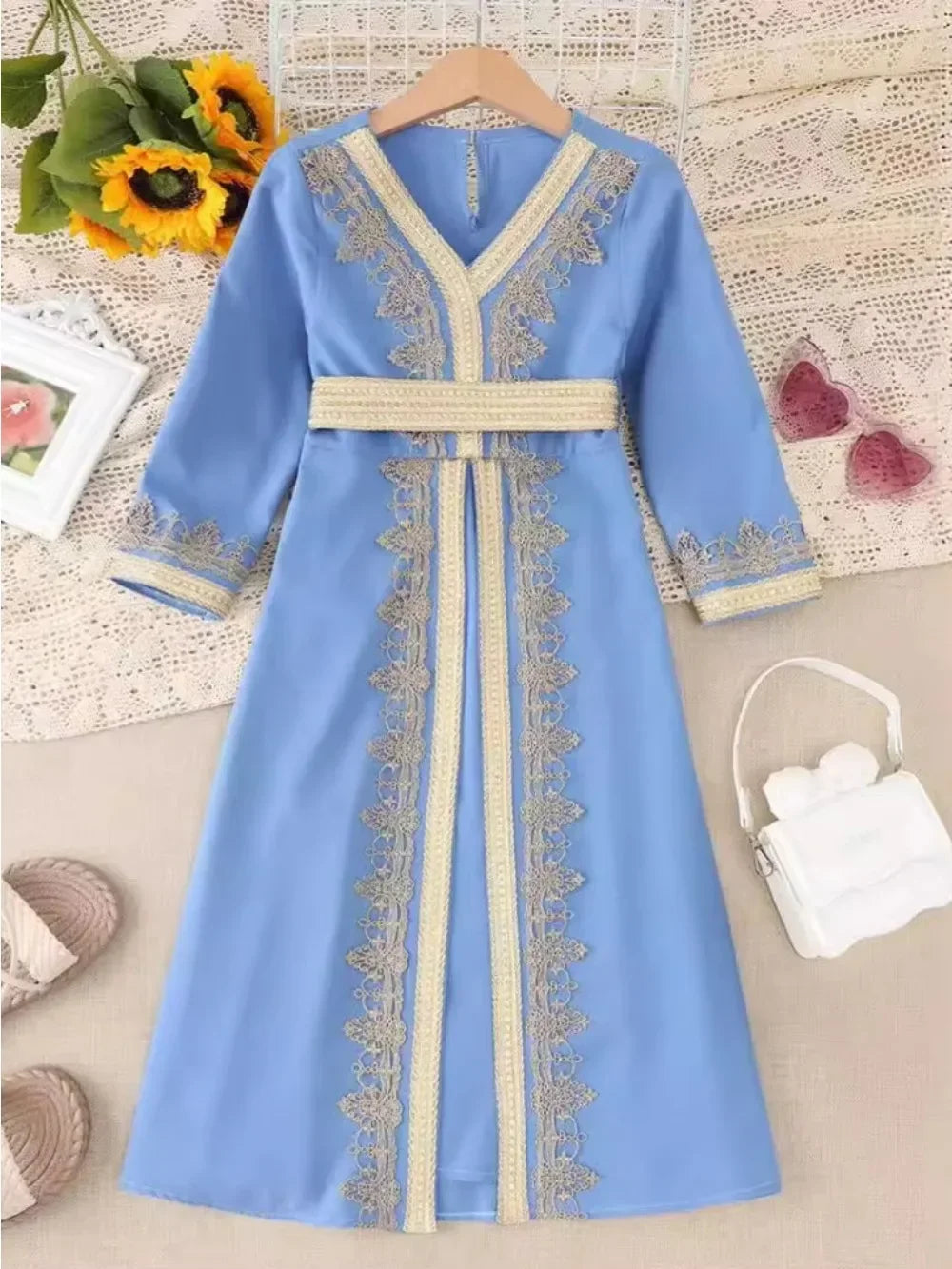 Abaya Eid Muslim Kids Girls Dresses Kaftan Lace Sashes Arab Long Robe 2026 Moroccan Jalabiya Prayer Children Turkey Vestidos