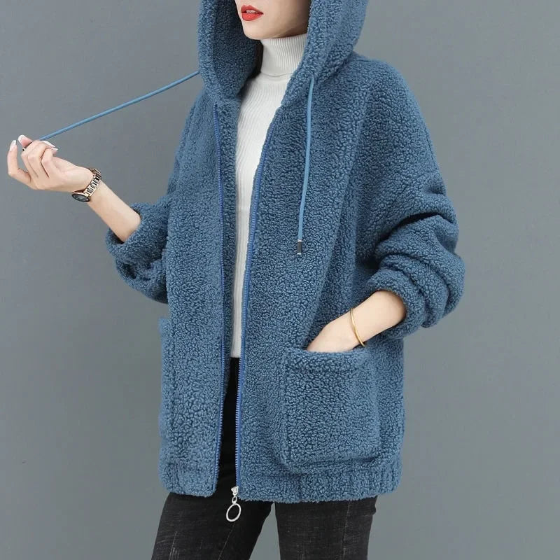 Lamb Velvet Hoodie Women's Thickened Fleece Teddy Velvet Loose Autumn Winter Korean Style Zipper Cardigan 082