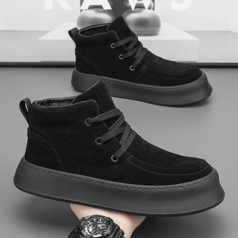 Men's High-top Boots in Solid Colors Flat Heels and Lace-up A Trendy Brand Design for The Four Seasons Fashion Walking Boots