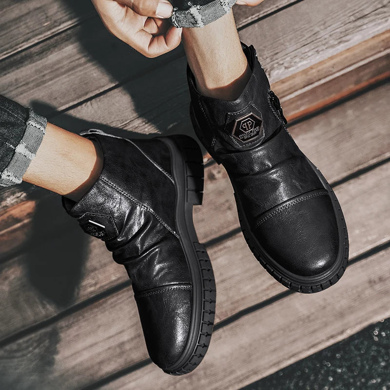 Fashion Mens Ankle Boots British Style High Top Casual Shoes Outdoor Walking Shoes Non-slip Work Boots Comfortable Leather Boots