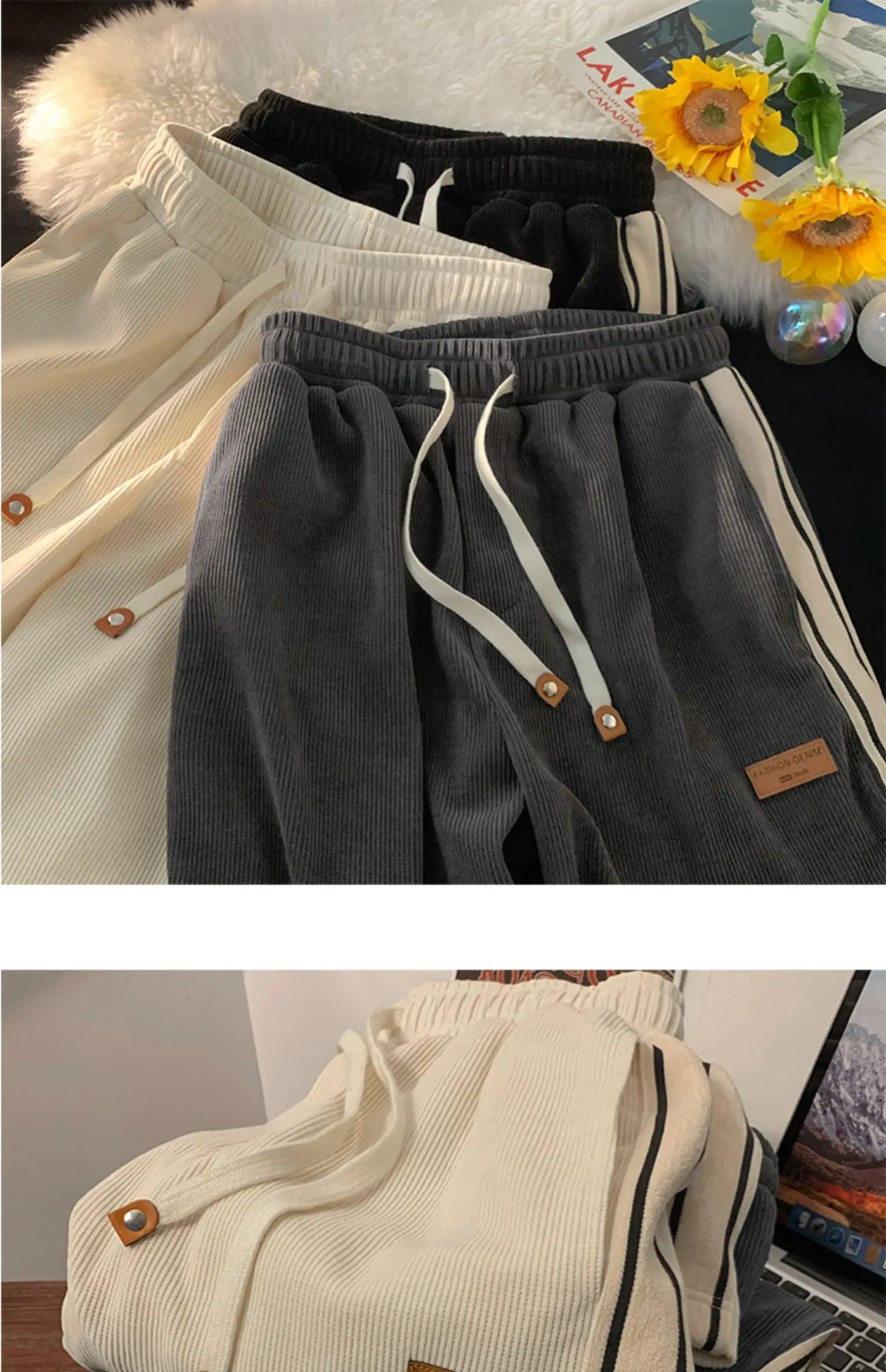 Corduroy Men's Pants Autumn Winter New Sle Hong Kong Sle Trendy Wide Leg Straight Elastic Waist Sports Casual Long Trousers