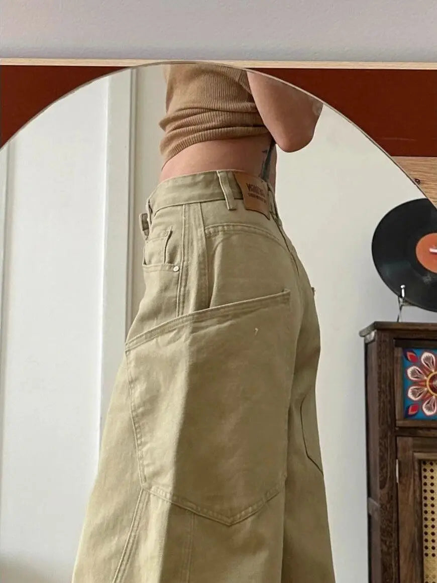 Retro American Khaki Wide Leg Jeans Women's Loose Fit Slimming Spring Autumn High Waist Versatile Casual Cotton Denim Pants