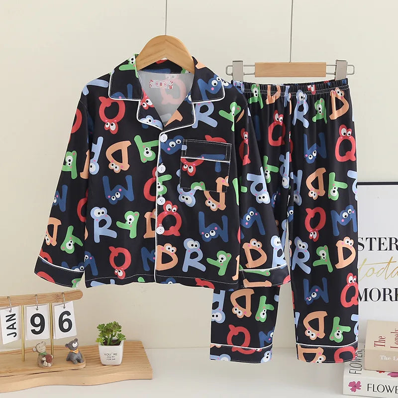 Cartoon New Spring Autumn Children's Pajamas Set Girls Boys Teenagers Stitch Long-sleeved and Pants Outside Home Clothes Set