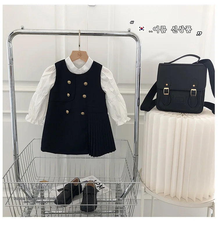 Kids School Dress White 2025 Autumn New Children Long Sleeve Blouse and School Sundress  for 2 To 8 Years Old Girls Clothes Suit