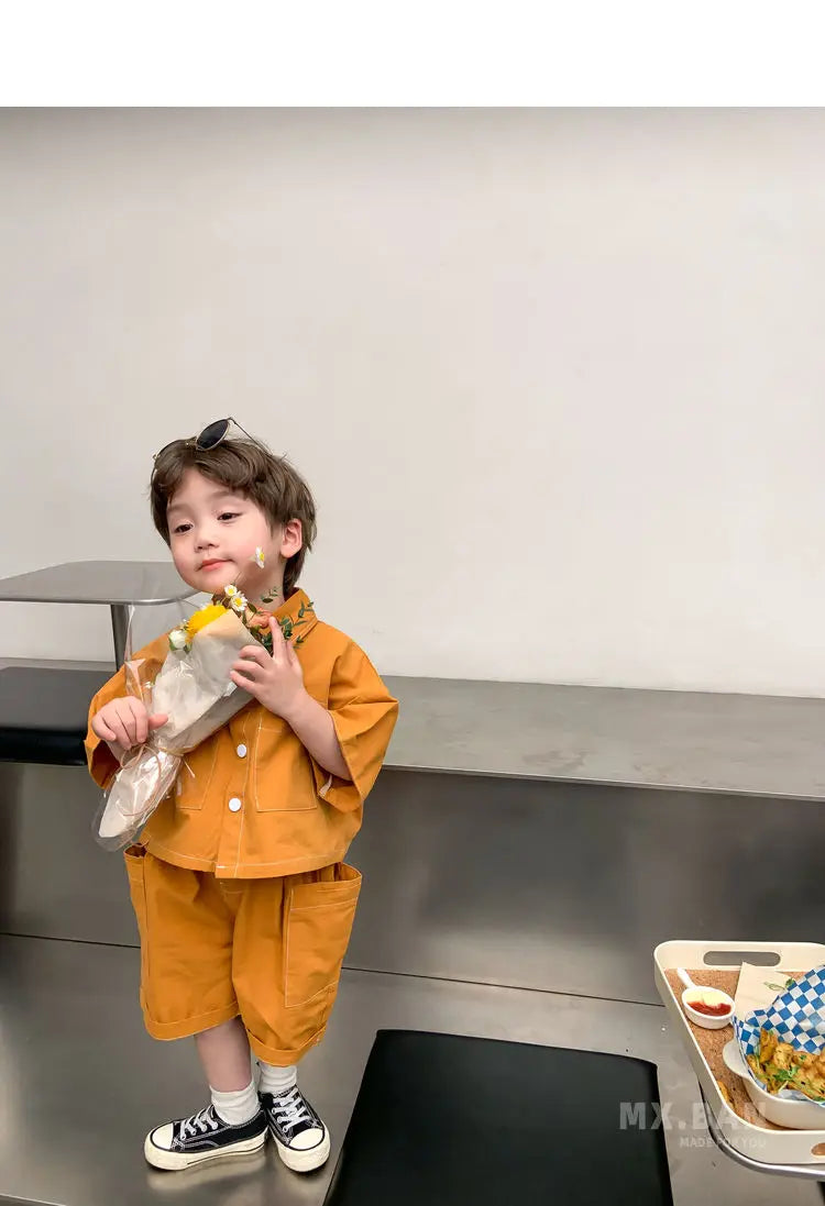 2-9 Y Summer Korean Toddler Boys Baby Handsome Clothes Outfits Kids Boy Cotton Shirt + Shorts 2pcs Sets Fashion Birthday Outfit