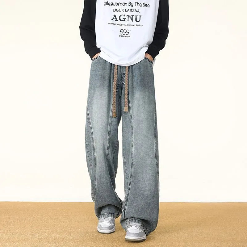 Trendy Wide Leg Knife Edge Jeans Men's Loose Straight Leg Long Pants American Style Vintage Cotton Denim Spring New Arrival
