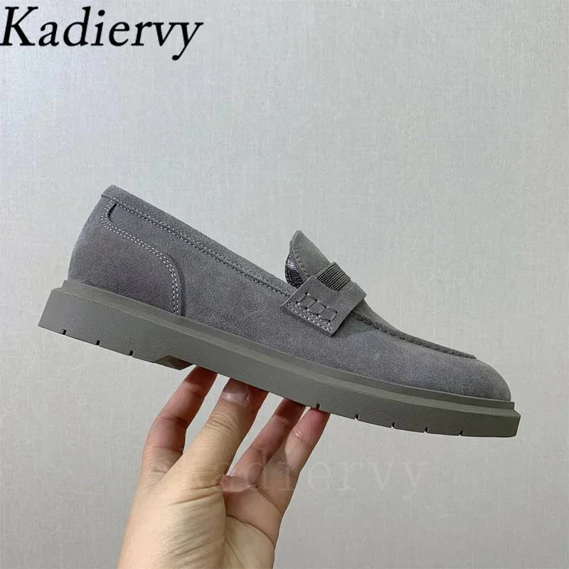 Classics Flat Shoes Women Luxury Cow Suede Chain String Bead Round Toe Slip-on Walk Shoes Female Casual Comfort Loafers Woman