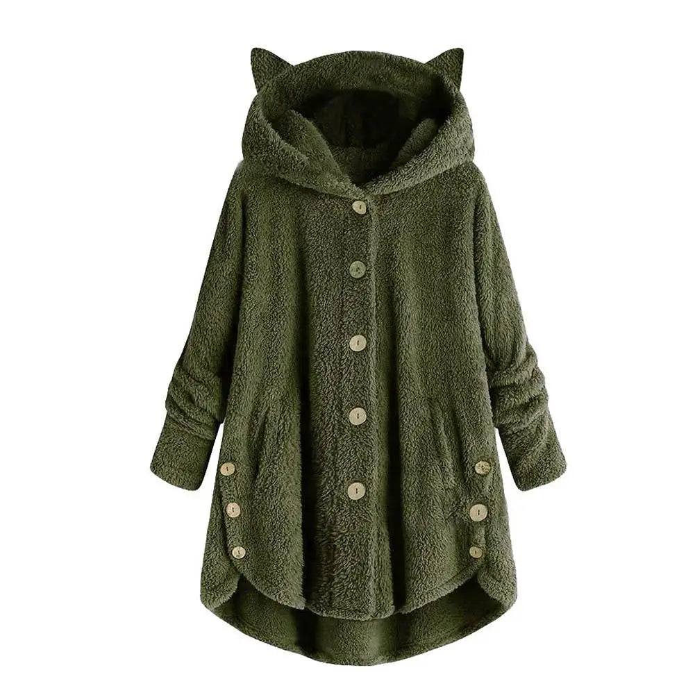 Cat's Ears Women Hoodie Plus Warm Hooded Sweatshirt Cute Winter Cute Ears Hooded Irregular Hem Buttons Jacket Fleece Coat