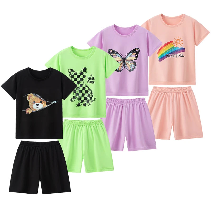 2-piece Summer Children's Shorts Short Sleeve Suit Girl Sweet And Lovely Pink Rabbit Coat Boy Handsome Bear Joker Home Clothes