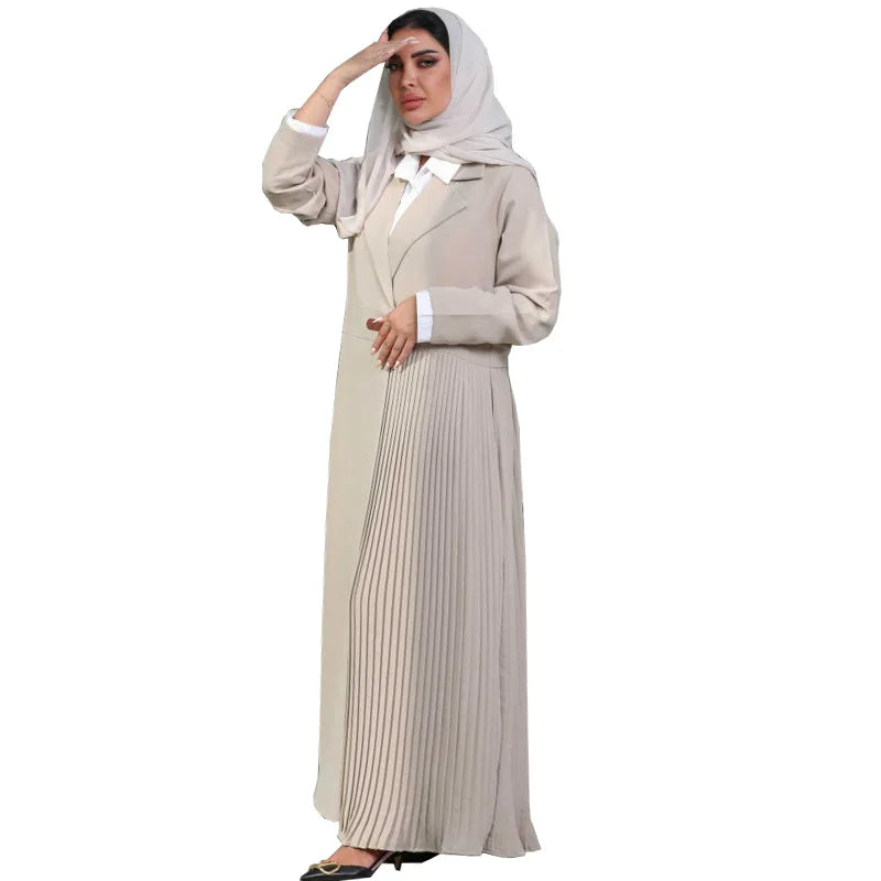 Abaya Cardigan Long Robe Pleated Jacket Muslim Arabic Fashion Leather Button