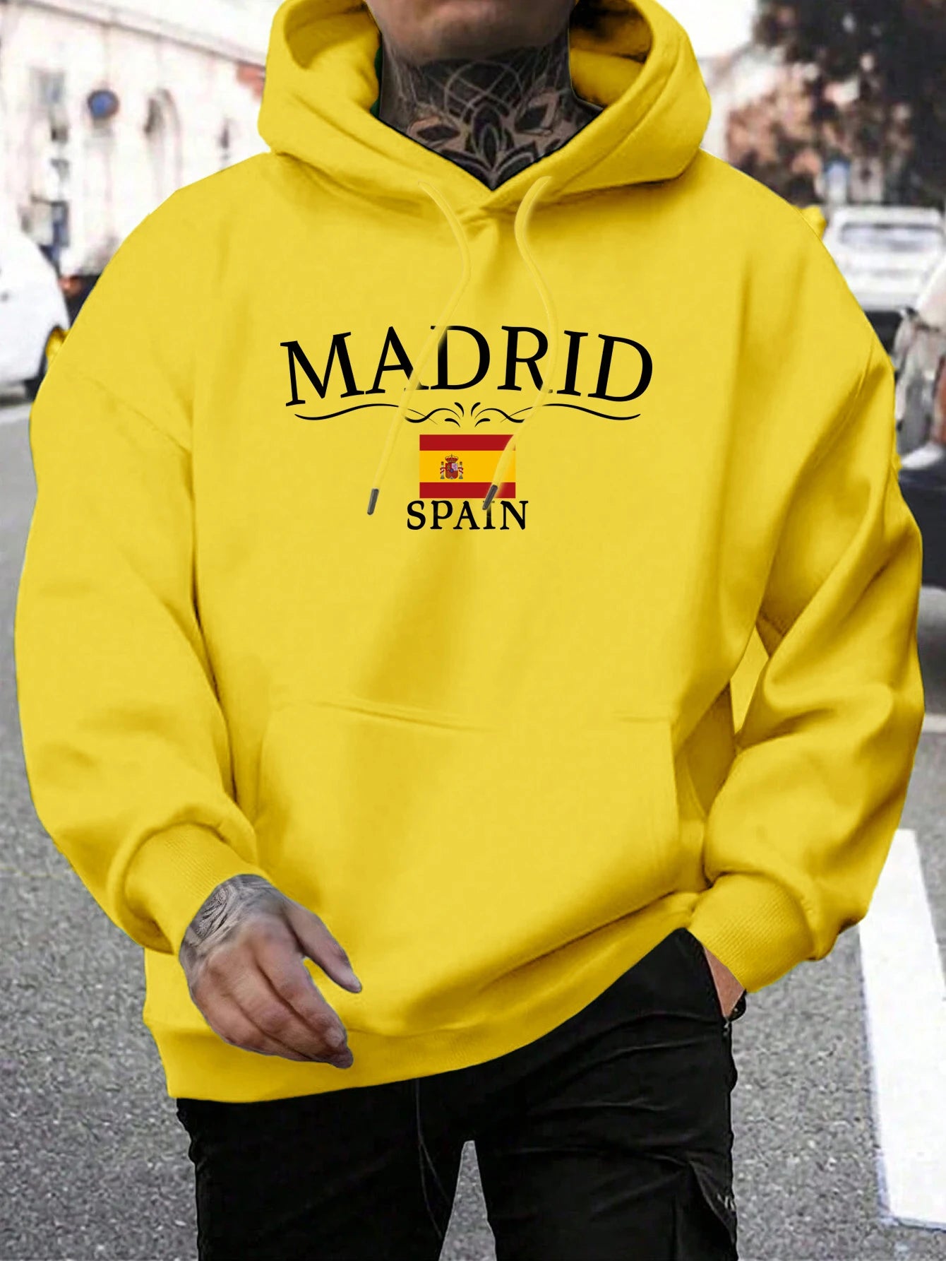 Hoody Men Trendy Madrid Spain Flag Printed Pocket Hoodie All-Match Fleece Comfortable Clothes Autumn Fashions Streetwear