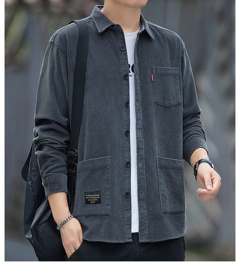 Corduroy Long Sleeve Shirt Casual Slim Fit Youth Multi Pocket Wear Resistant Fashionable Spring Autumn Men's Outerwear