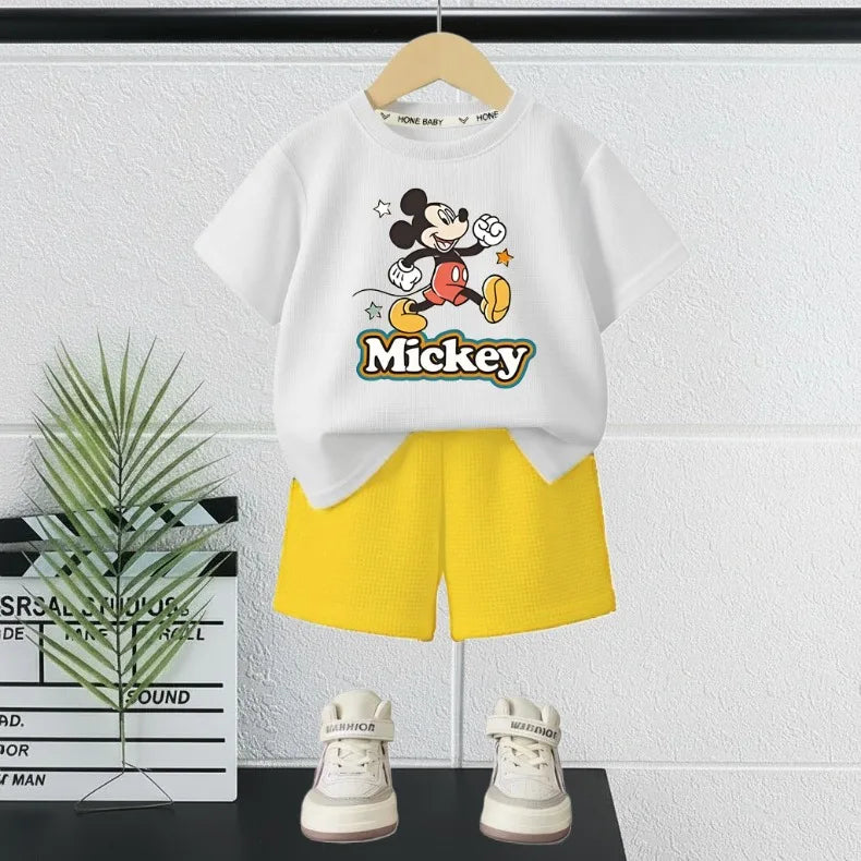 DISNEY Mickey Printed Summer Boys Casual Outfits Children Breathable T Shirt and Short Bottom Two Piece Set Kids Shorts Set New