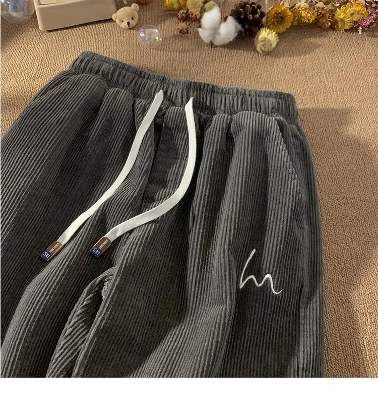 Corduroy Pants for Couples Autumn Winter Loose Fit High Waist Casual Loose Trousers Sports Pants Men Women Trendy Embroidery