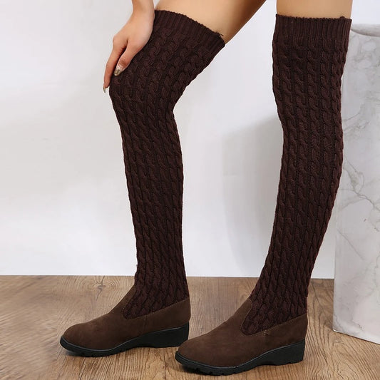 Women's Boots 2026 Autumn Winter High Heels Boots for Woman Shoes Knitting Wool Long Boot Women Brown/Black Boot Ladies Shoes