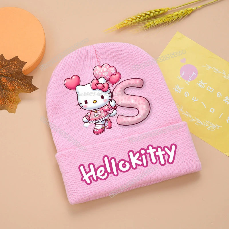 Hello Kitty Kids Knitting Hats Cute Letter A-Z Girl Winter Beanies Cartoon Print Weaved Bonnet Winter Warm Children Beanies Caps