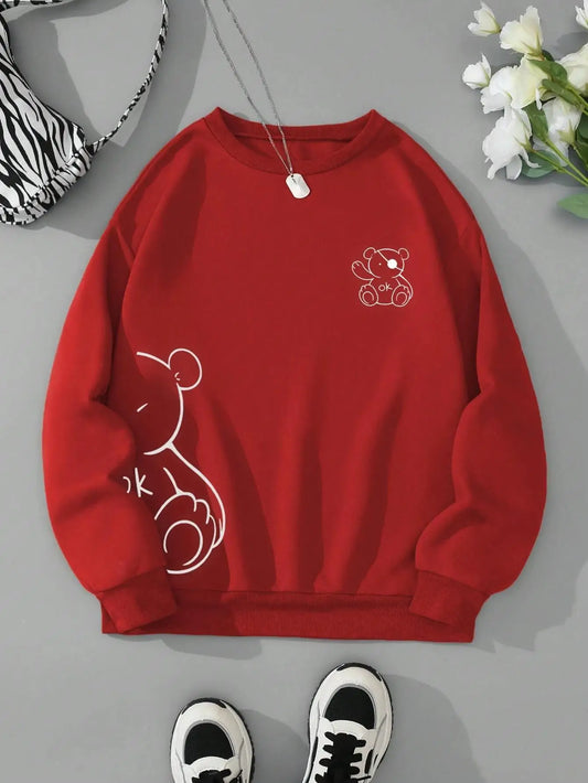 Autumn Winter Womans Sweatshirt Kawaii Ok Bear Graphic Printed Hoodies Comfortable O-Neck Fleece Soft Pullover Trend Sportswear
