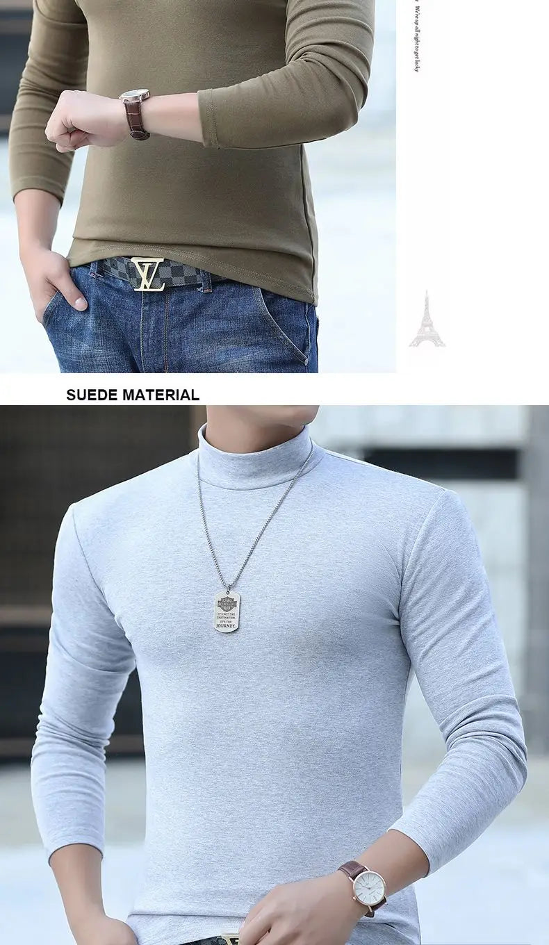Fashion Men's Oversize High Collar Long Sleeves Autumn Winter Pure Thermal Shirt for Men  Layering Stylish T-Shirt