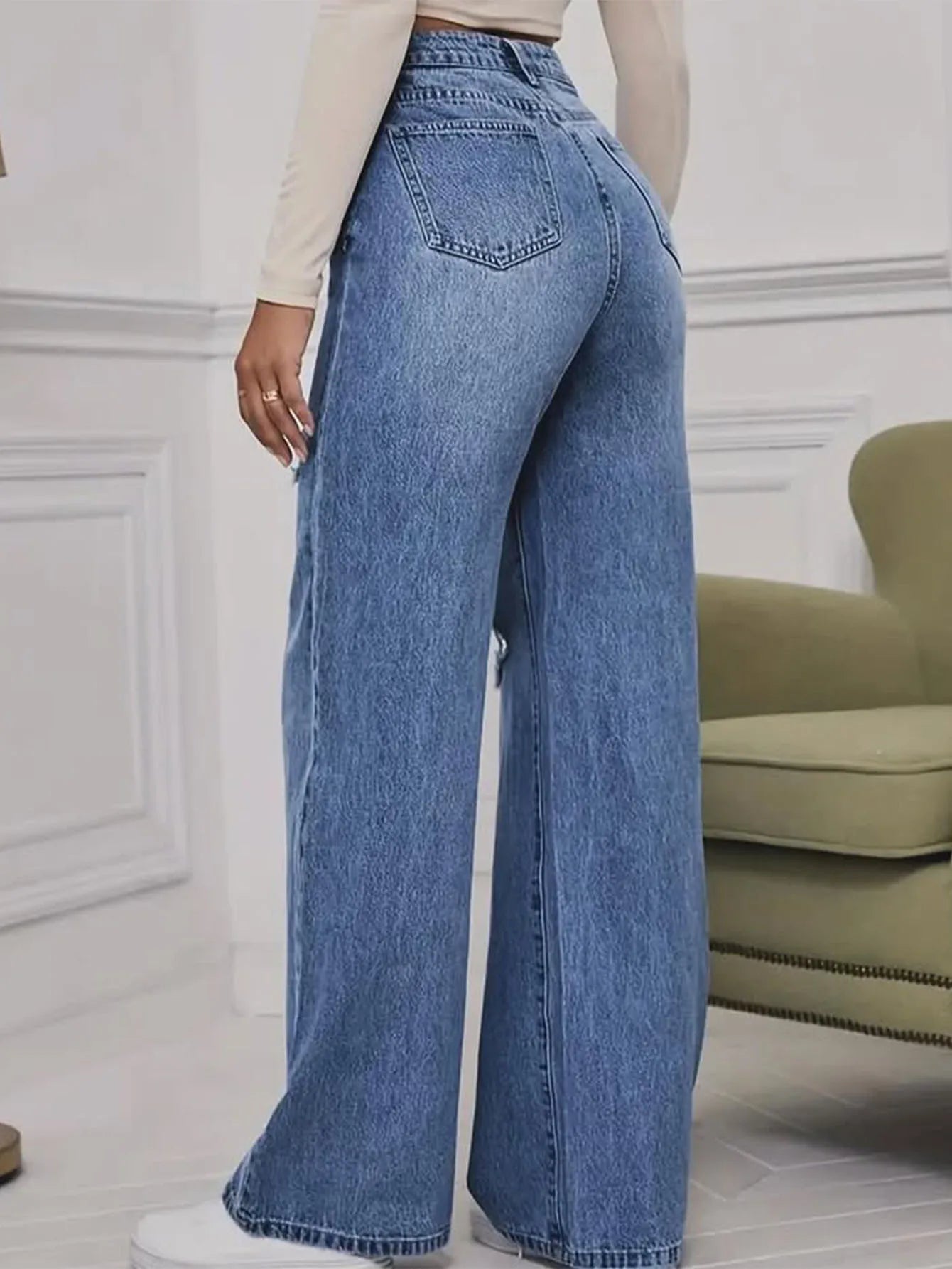 2025 New Washed Ripped Wide-leg Jeans, Fashionable and Casual High-waisted Floor-length Jeans for Women in Spring and Summer