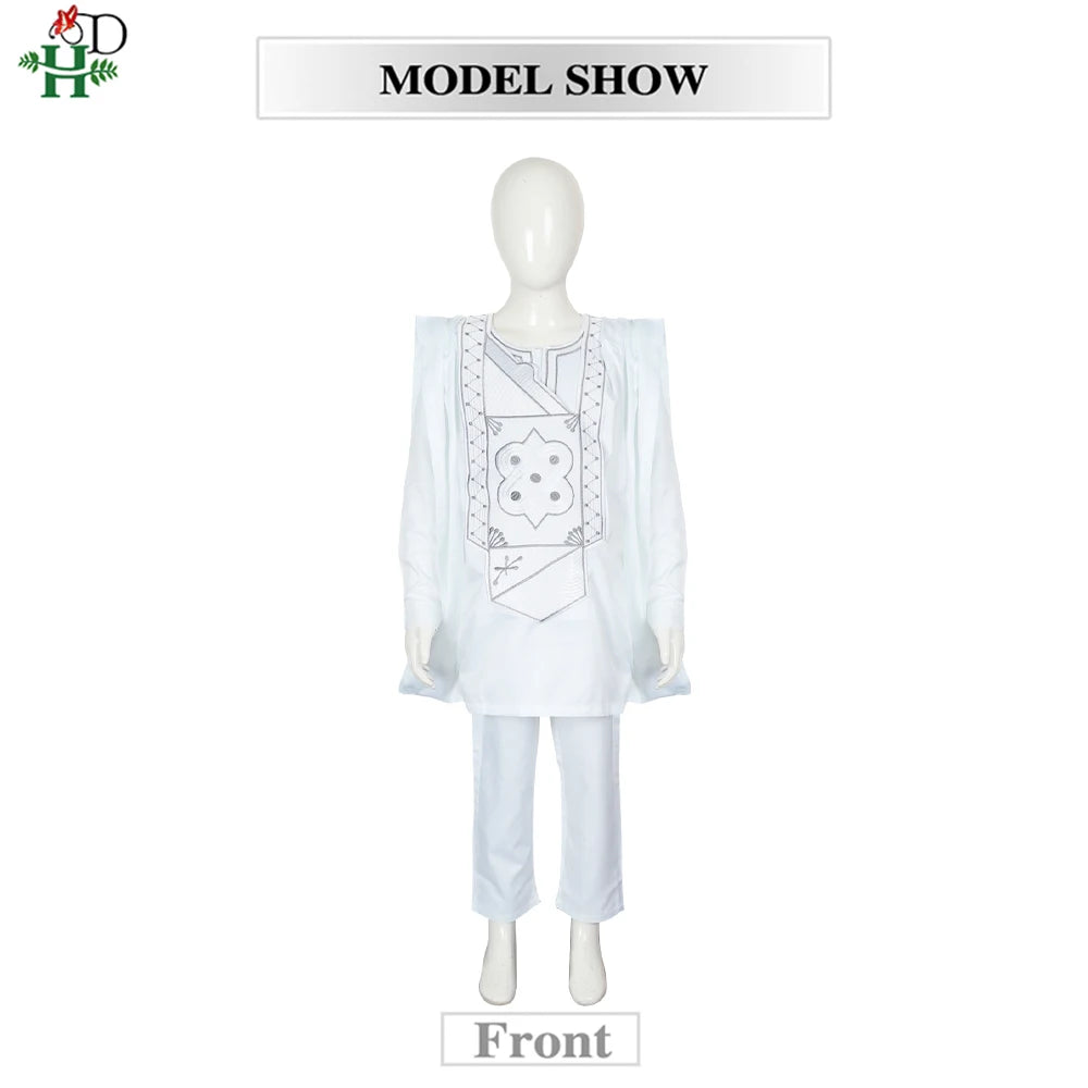 H&D 2025 African Tradition Clothes For Kids Boys White Blue Long Sleeve Tops Embroidery Dashiki Robe Shirt Pant Child Set 3 PCS