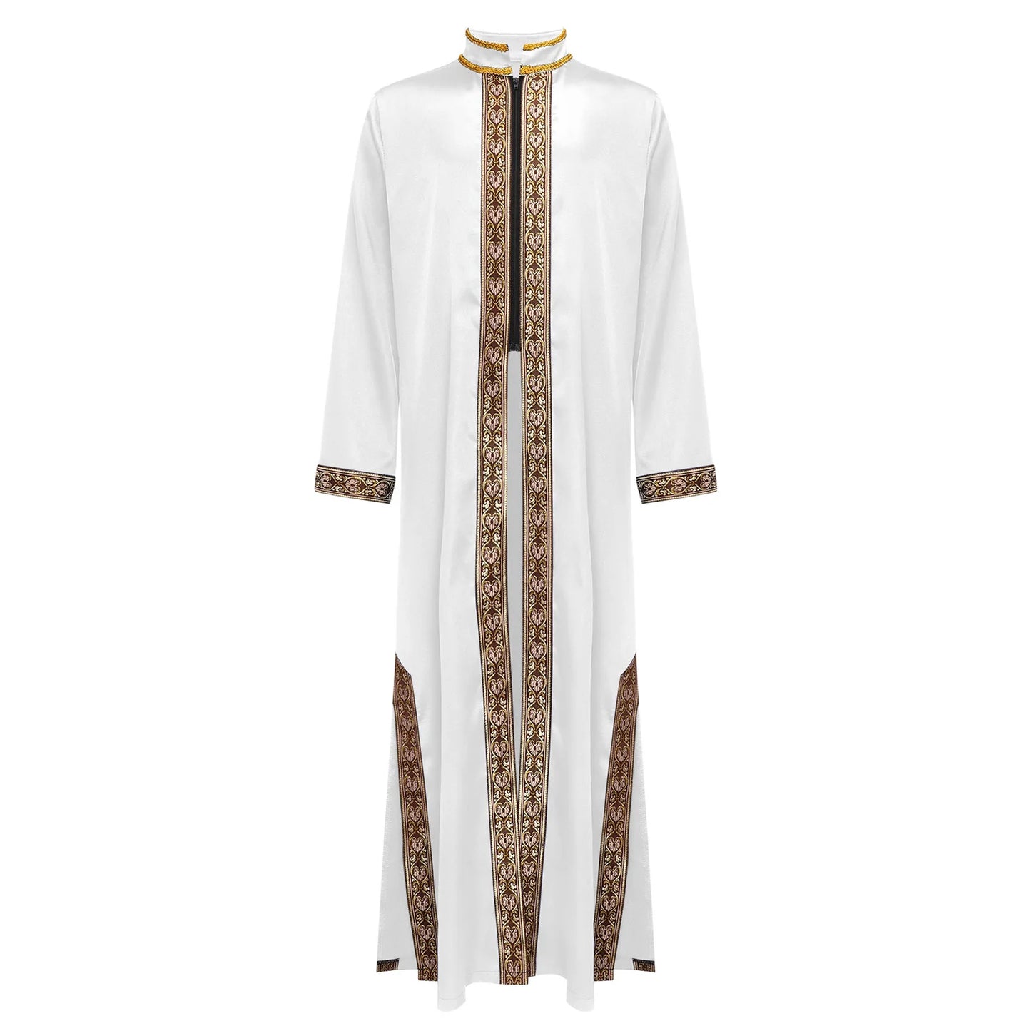 Boys Islamic Robe Kaftans Arab Gown Long Sleeves Slit Zipper Gold Embroidery Maxi Muslim Thobe Kids Festival Holiday Costume