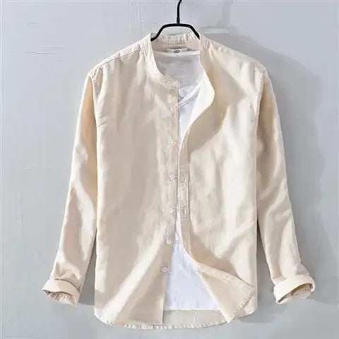 Men's Long Sleeve Casual Linen Shirt Solid Color Loose Fit Breathable Cotton Linen Fabric Square Collar Trendy Youth Style