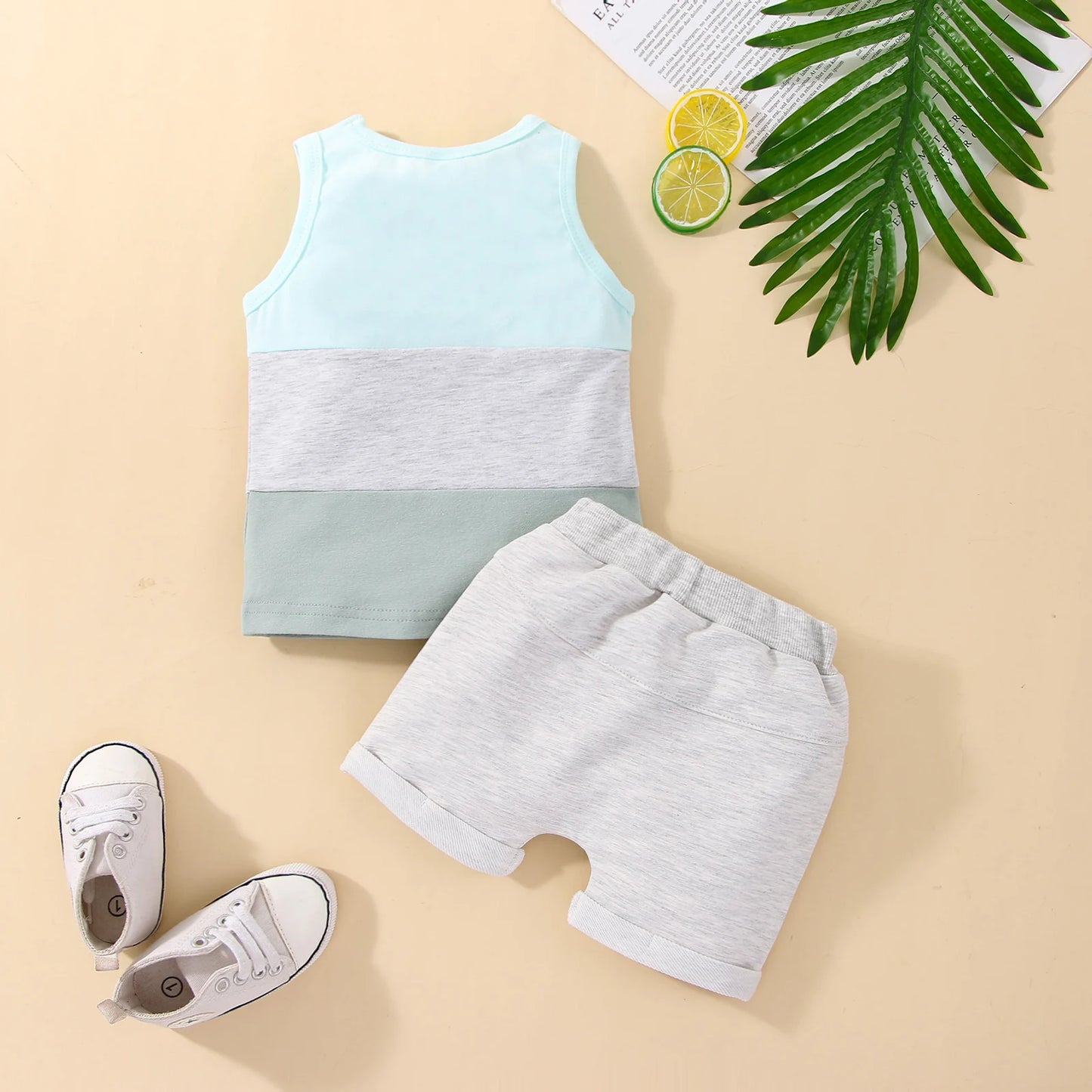 Infant Baby Boys 2PCS Pants Suit, Sleeveless Patchwork Crew Tank Tees + White Straps Short Pants, Toddler Boys Casual Outfit