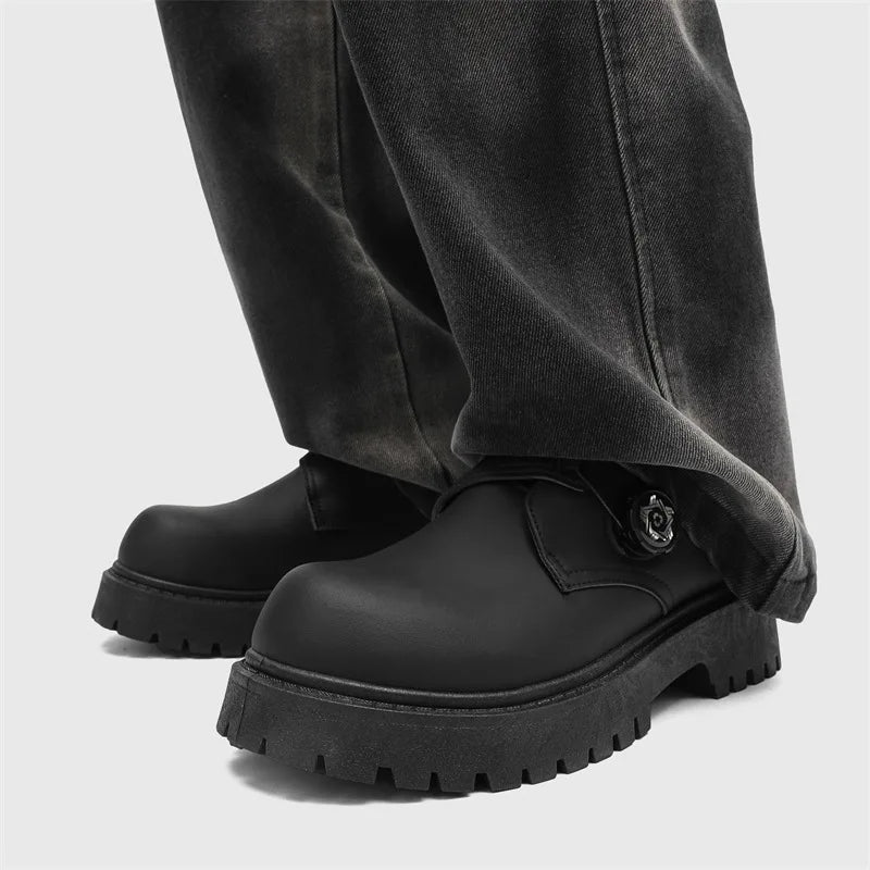 2025 Mens British Retro Wide Round-Toe Derby Shoes Chunky Platform Casual Leather Boots Trendy Streetwear Footwear for Wide Feet