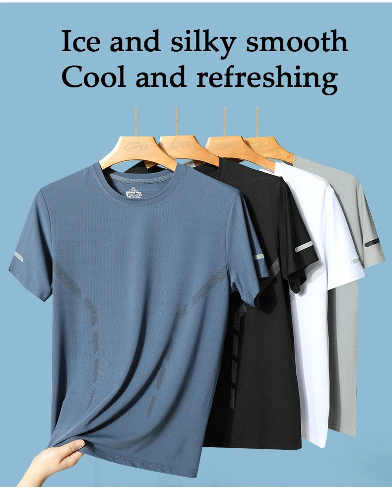 Men Running T-shirt Breathable Stretch Summer Top Gym Fitness Running Thin Short Sleeve Sportswear M-5XL Gray Blue Black White