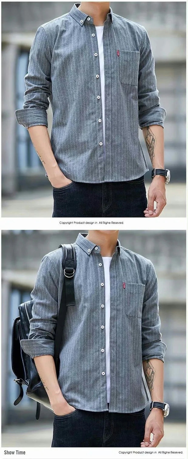 Oxford Cloth Long Sleeve Casual Shirt Thin Summer Men's Fashion Striped Shirt Versatile Loose Fit Sharp Collar Wool Blend