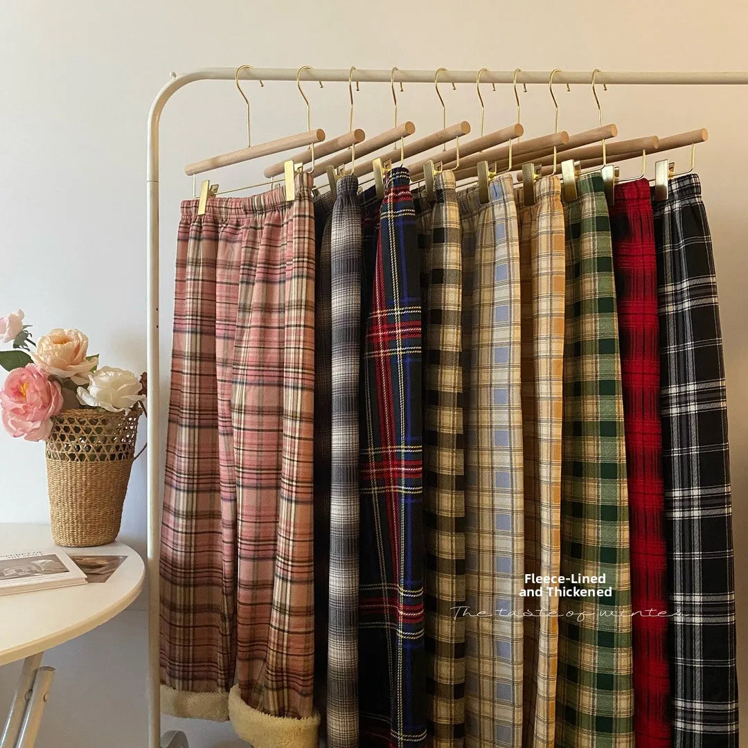 High Waist Straight Leg Pants Women's Autumn Winter Thickened Fleece Lamb Velvet Plaid Pants Loose Wide Leg Casual Trousers