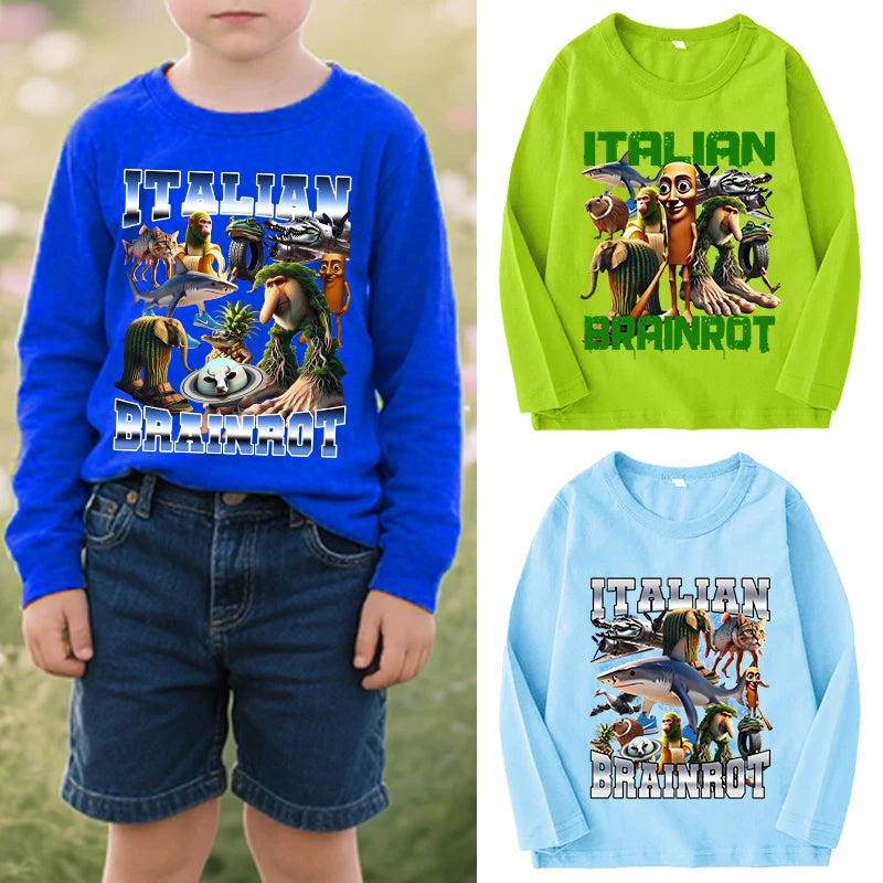 Italian Brainrot Long Sleeve T-shirt for Kids Funny Meme Children Autumn Tops Tung Tung Tung Sahur Tee Boy Girl Clothing Gifts
