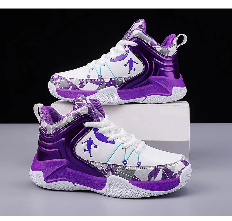 Hot Sale Basketball Shoes For Children Fashion Design Purple Children's Basketball Sneakers High Top Lace-up Kids Sports Shoes
