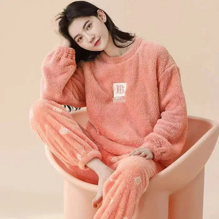 Thickened Long Sleeve Home Clothes Set with Chest Pad Winter Coral Fleece Korean Style Student Cute Large Size Home Clothes Set