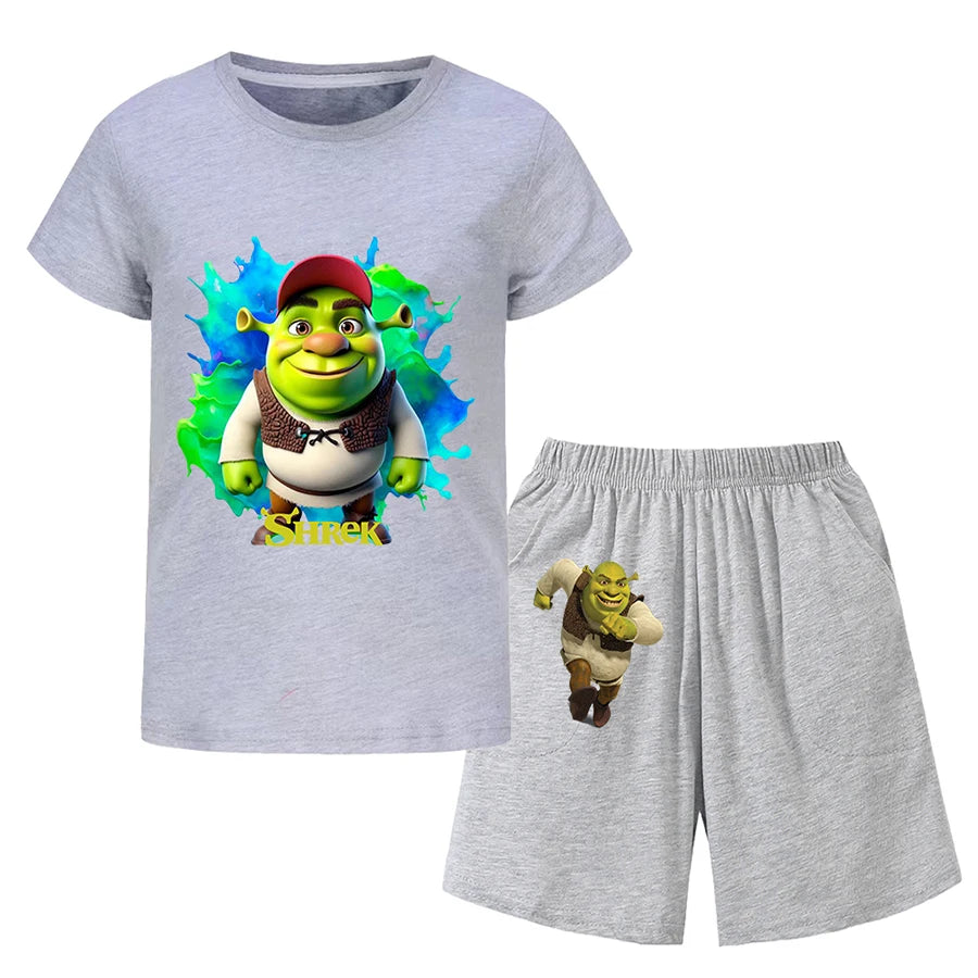 Shrek Child Tracksuit Blouse Short Sleeve Family Matching Clothes Sets for Baby Set for Children From 6 To 12 Years Old Summer