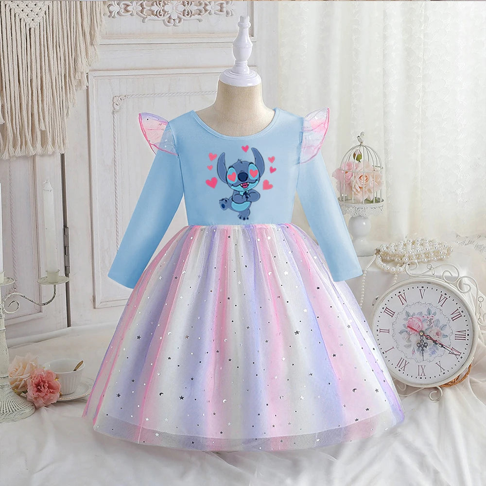 Stitch Princess Dress Autumn New Disney Baby Girls Dress Spring Autumn Long-sleeved For Children Kids Clothes Birthday Party