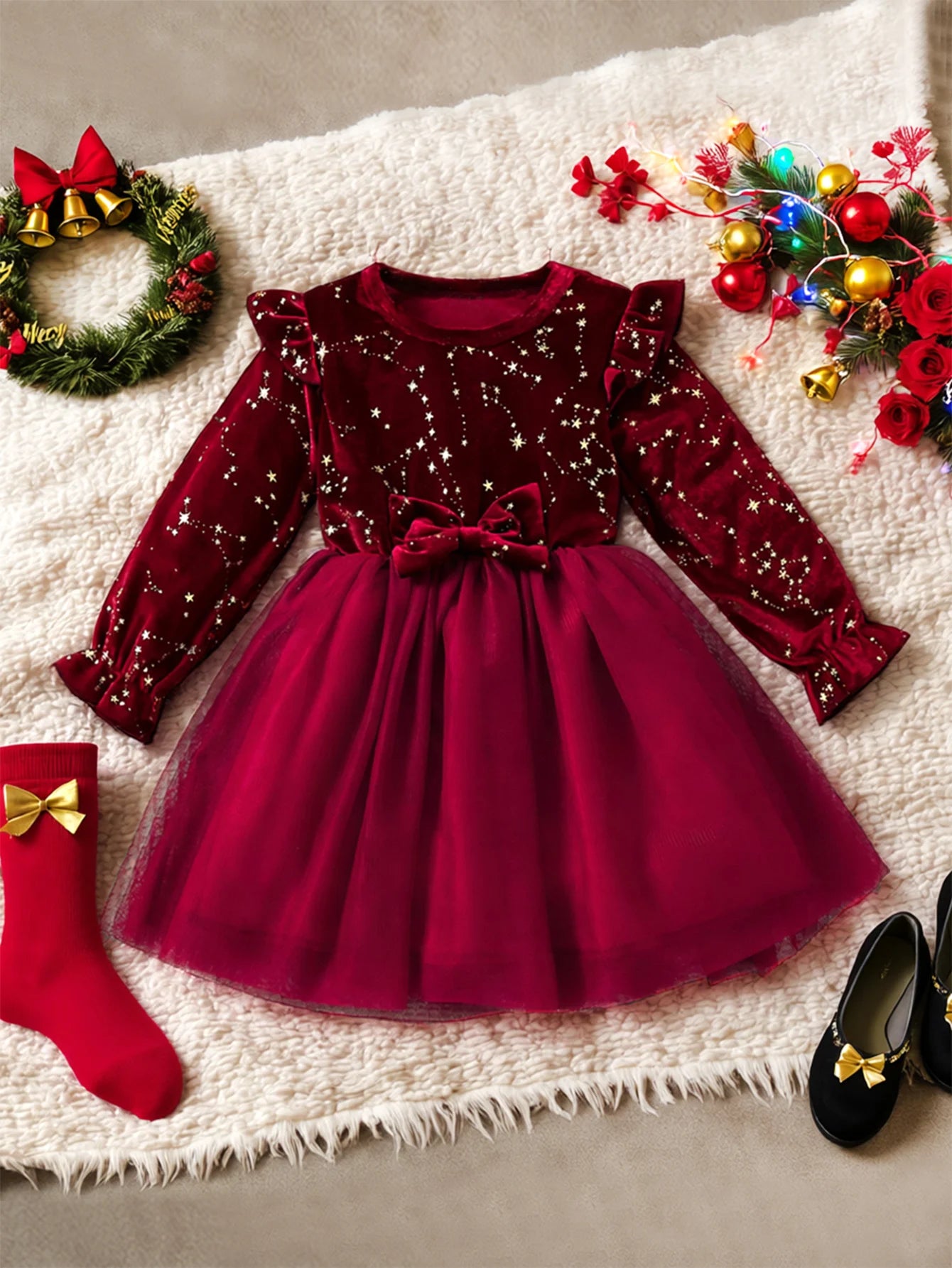 Girl Dress Autumn Winter Velvet Long Sleeved Mesh Bow Princess Dress Children's New Year Children Party Festive Dress For Girl