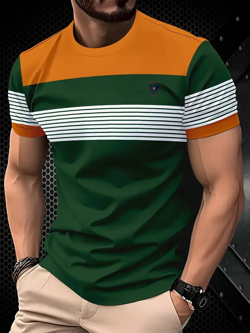 Summer Classic Men's T-shirt Outdoor Round Neck Short Sleeve Top Stripe Print Street Loose T-Shirt Male Oversized Clothing