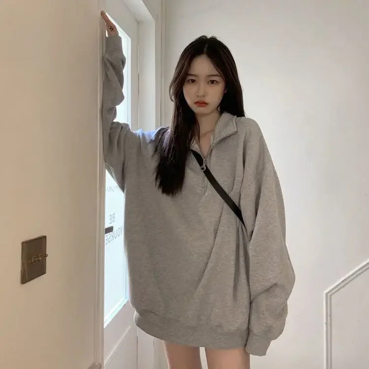 Gray Sweatshirt Women's Loose Polo Collar Lazy Style Autumn Winter New Arrival Missing Bottom Outerwear Long Length Female