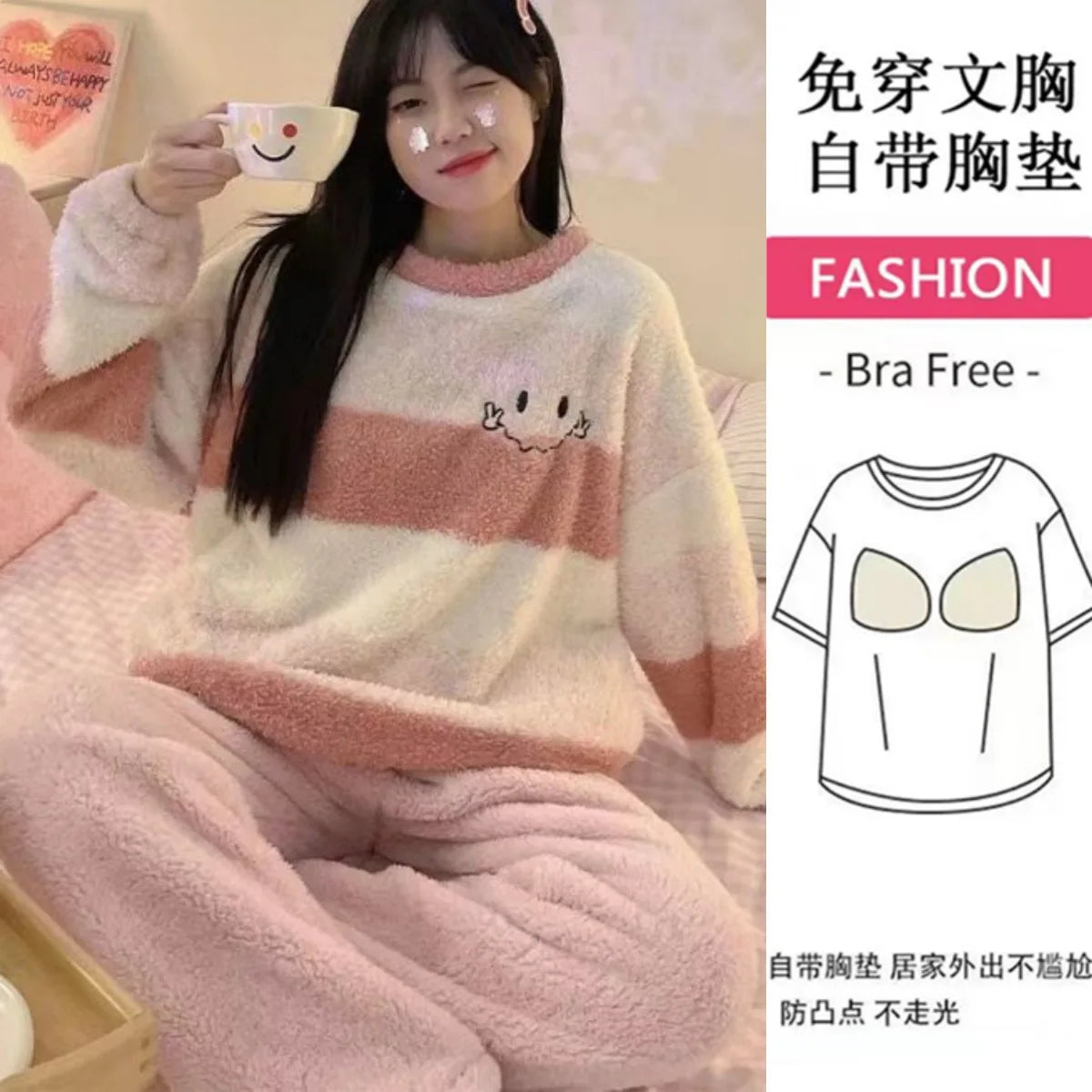 Thickened Long Sleeve Home Clothes Set with Chest Pad Winter Coral Fleece Korean Style Student Cute Large Size Home Clothes Set